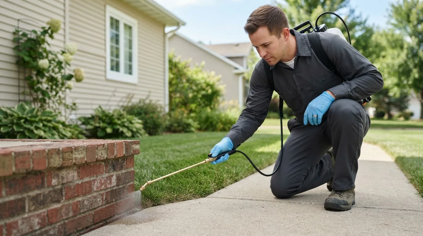Pest control technician treating a home near Bloxom, VA
